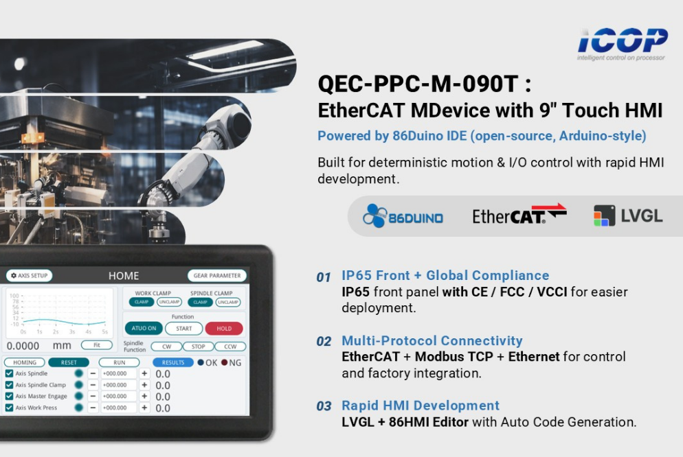 QEC-PPC-M-090T a 9 EtherCAT MDevice Panel PC for Real-Time HMI, Ethernet, Modbus TCP, and EtherCAT Control